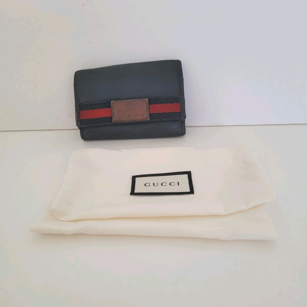 Gucci Logo Key Holder Wallet Case Leather Small Unisex Black Trifold Striped